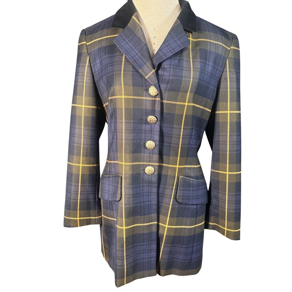 Vintage‎ Escada Margaretha Ley Wool Plaid Gold Button Blazer Jacket Size 34